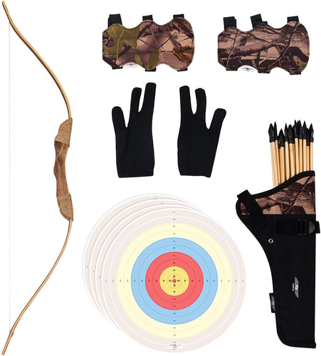 UTeCiA 30 Pcs Complete Archery Set for Kids & Beginners – Safety Rubber Tip Arrow Pack, Handcrafted Wooden Bow, Fabric Quiver, Arm Guard, Finger Glove, Target Sheets - Outdoor and Indoor Shooting Toy